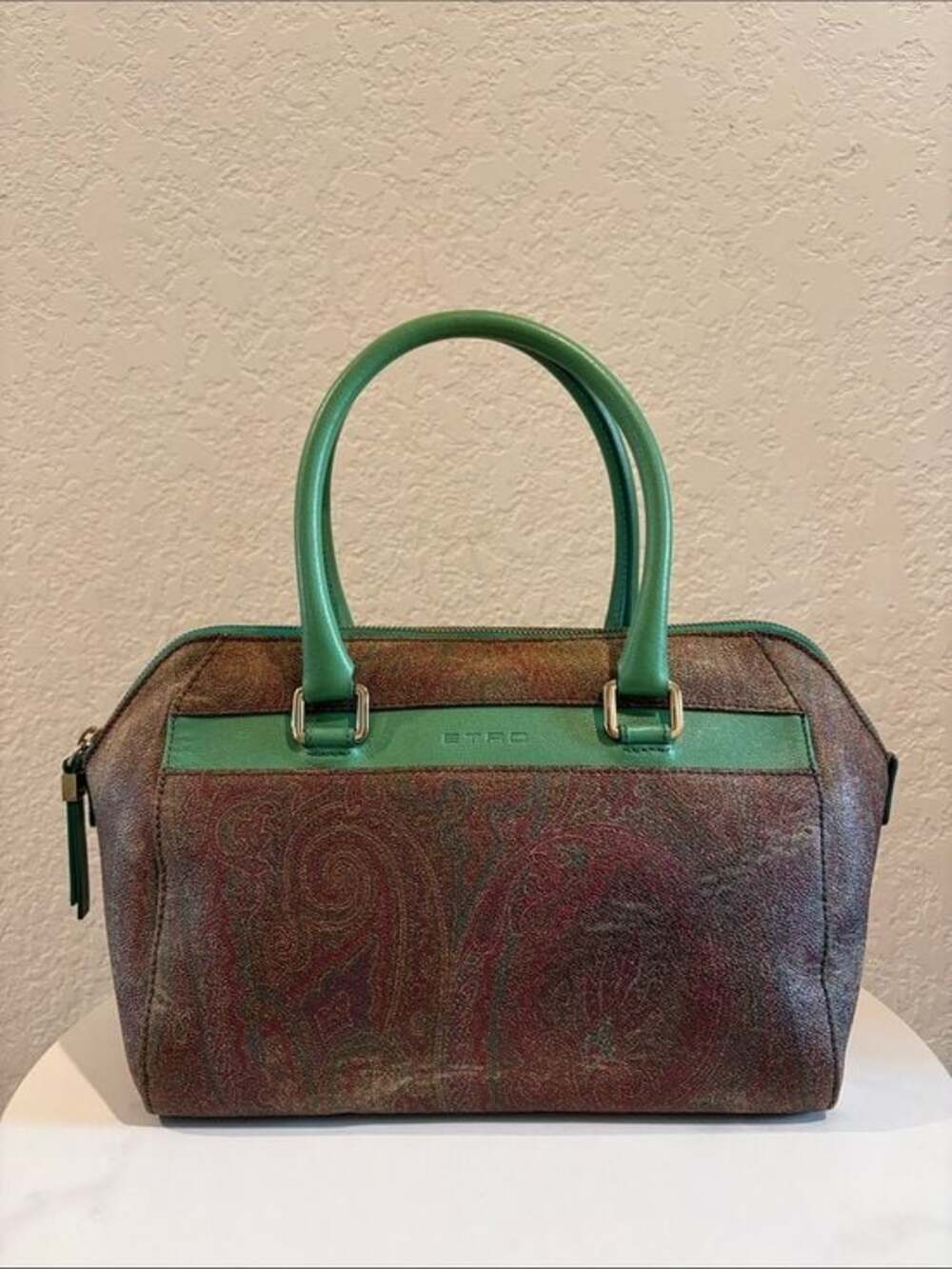 Etro Paisley Pattern Brown Leather-Trim Hand Bag